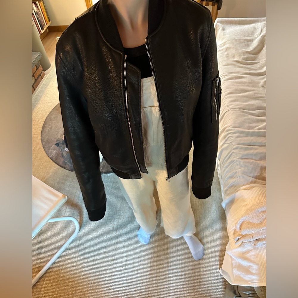 Leather and nylon reversible bomber jacket